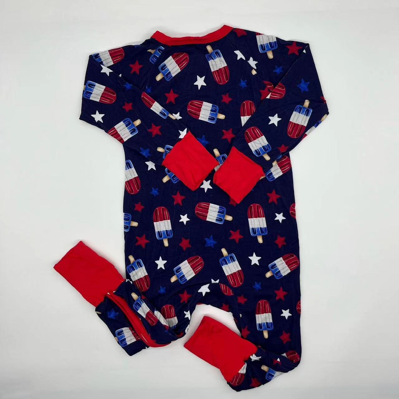 2024 Stylish custom made for Independence Day ice cream printing fiber bamboo zipper baby clothes