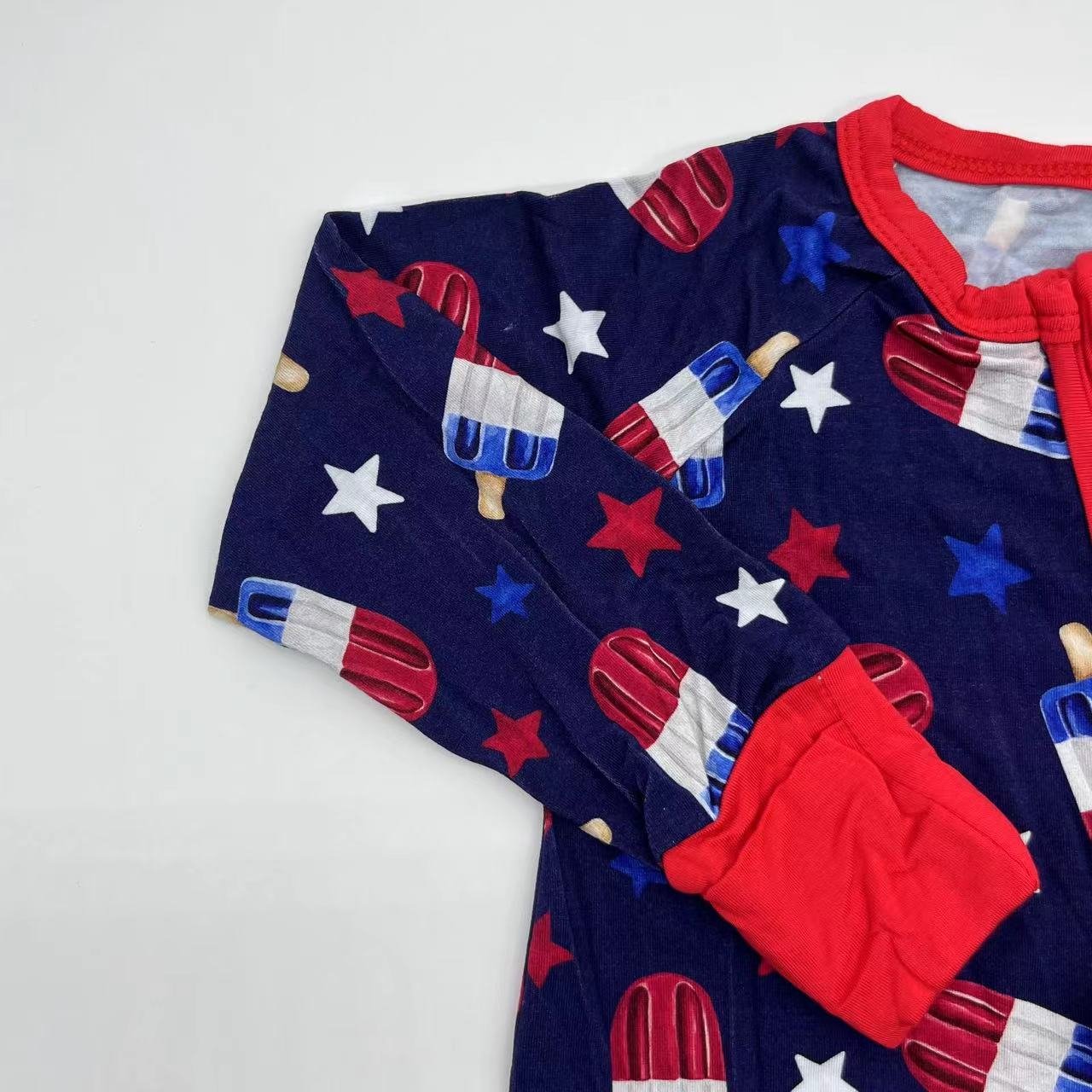 2024 Stylish custom made for Independence Day ice cream printing fiber bamboo zipper baby clothes