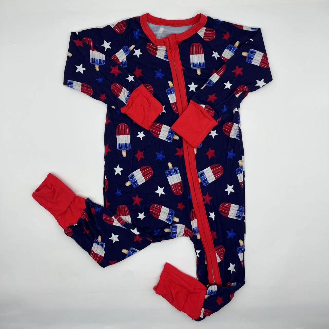 2024 Stylish custom made for Independence Day ice cream printing fiber bamboo zipper baby clothes