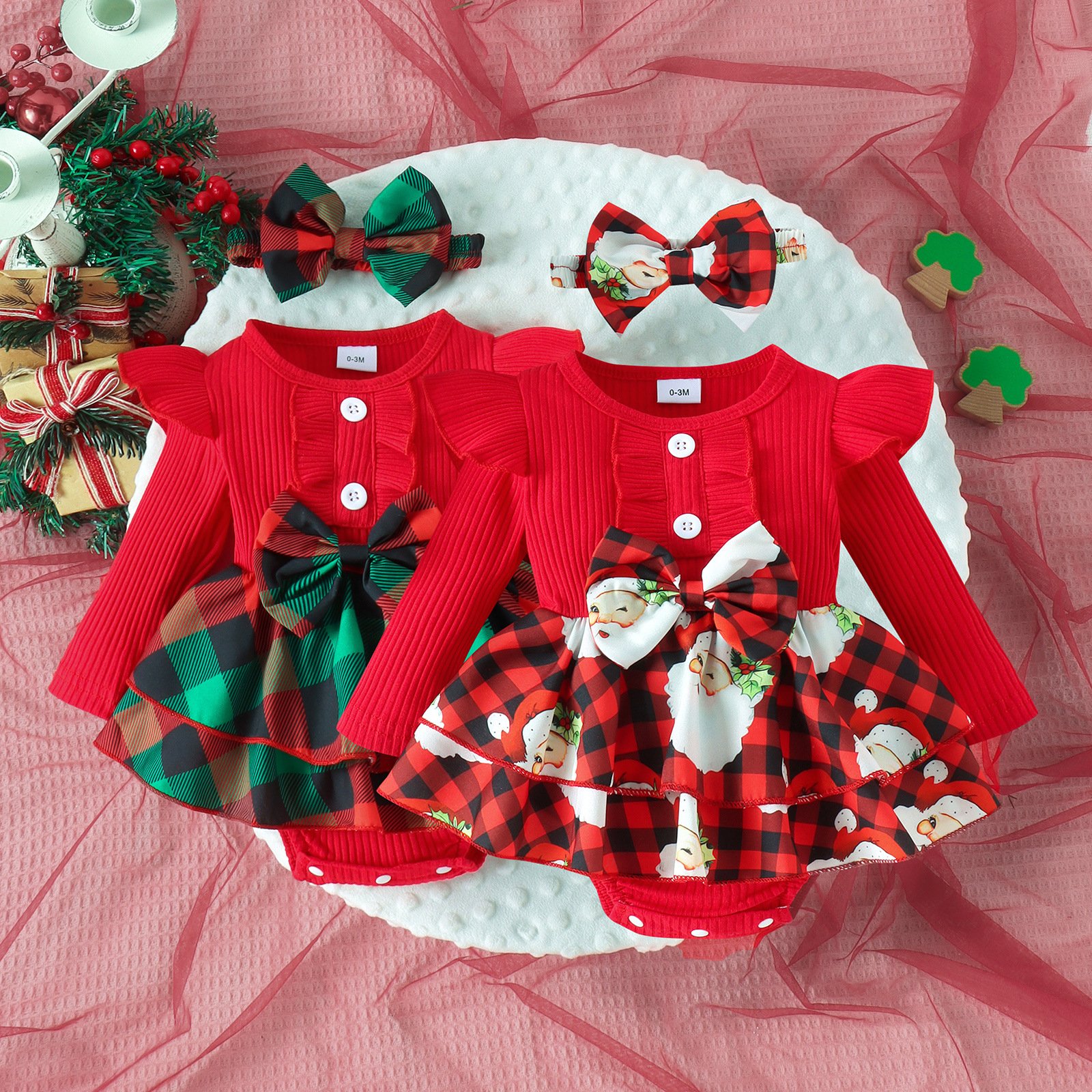 2024 Christmas Gifts Baby Rompers 0-18M Multi-color Cute Long Flying Sleeves Plaid Print Bow Design Baby Girl Clothes