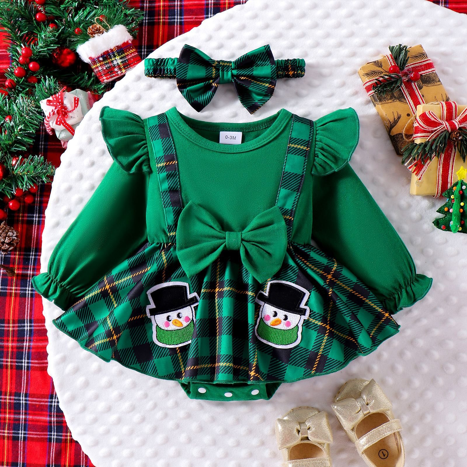 2024 Christmas Gifts Baby Rompers 0-18M Multi-color Cute Long Flying Sleeves Plaid Print Bow Design Baby Girl Clothes