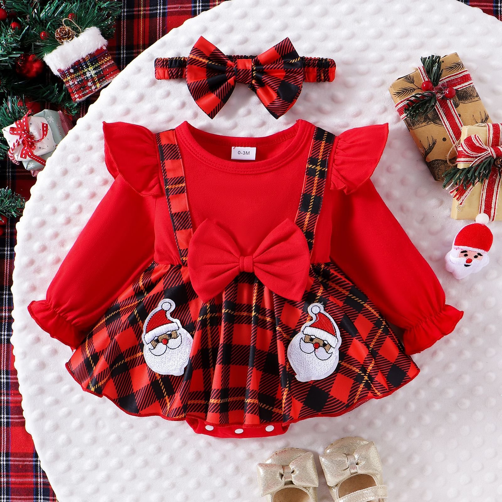 2024 Christmas Gifts Baby Rompers 0-18M Multi-color Cute Long Flying Sleeves Plaid Print Bow Design Baby Girl Clothes