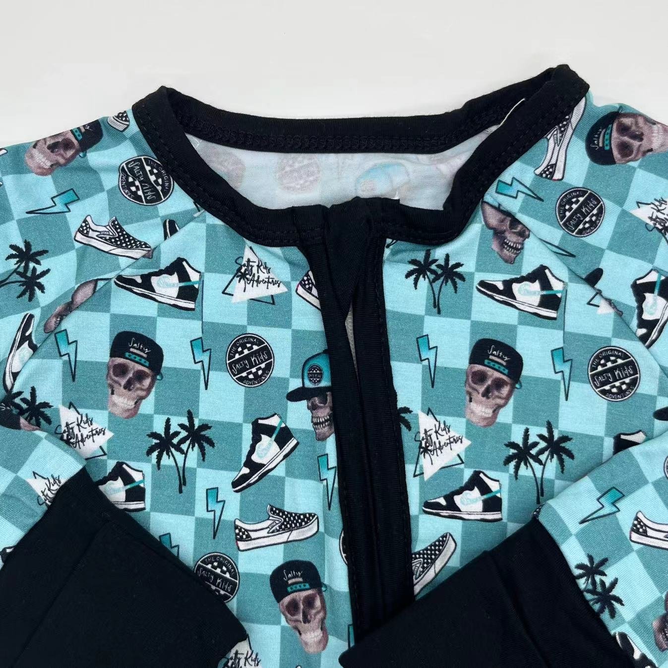 Hottest sale summer viscose bamboo Halloween skull printing Girls custom zipper baby clothes for kids