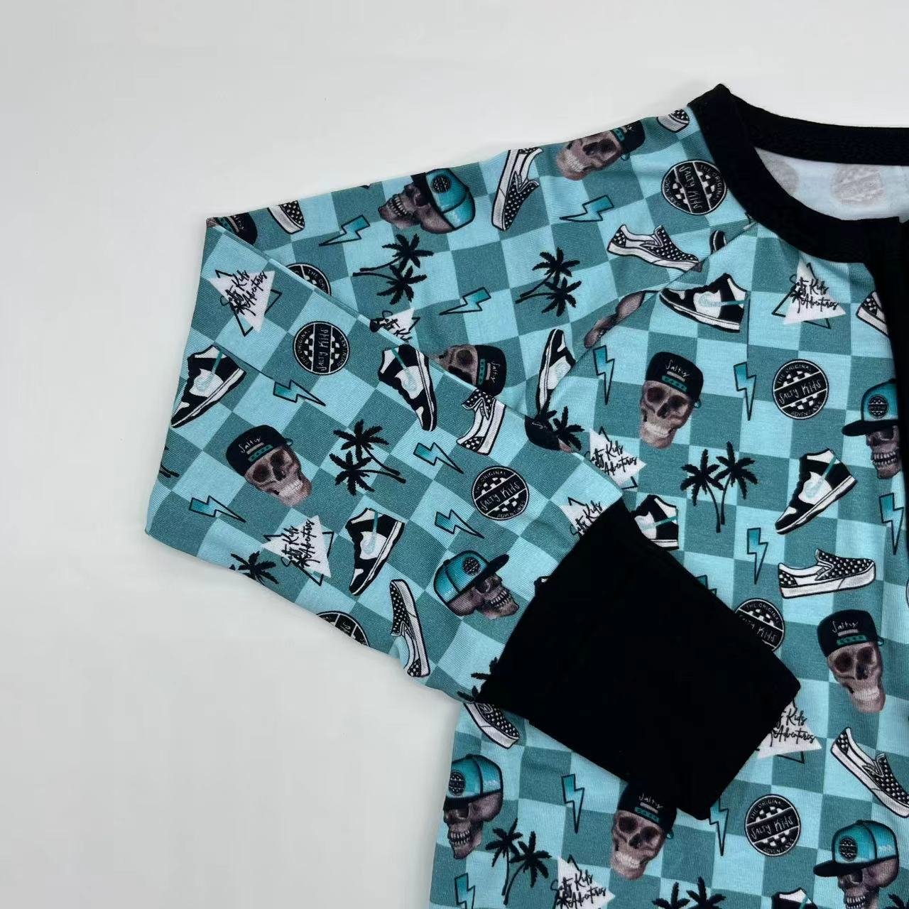 Hottest sale summer viscose bamboo Halloween skull printing Girls custom zipper baby clothes for kids