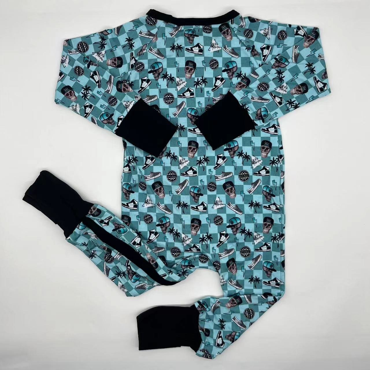 Hottest sale summer viscose bamboo Halloween skull printing Girls custom zipper baby clothes for kids