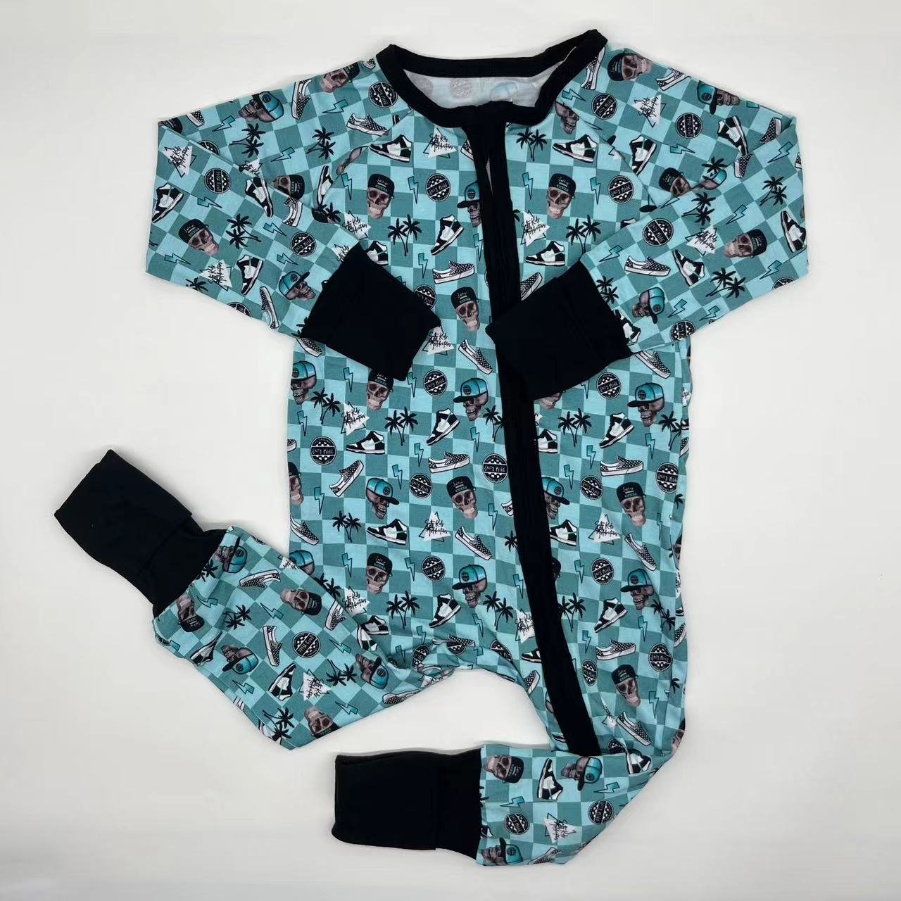 Hottest sale summer viscose bamboo Halloween skull printing Girls custom zipper baby clothes for kids