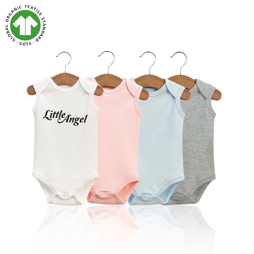 Wholesale Custom Print or Plain color GOTS Certified Organic Cotton Newborn baby Sleeveless knitted Onesie baby bodysuits
