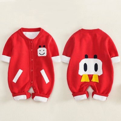 Hotsale Cotton Autumn and Winter Thick Smiley Baby Jumpsuit Children Knitted Romper Baby Clothes