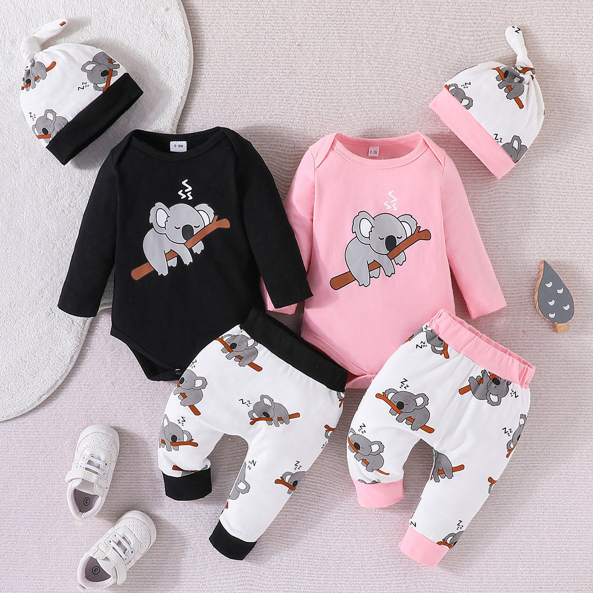 New Wholesale 3pcs Baby Clothes Set Cotton Infant Bodysuit Long Sleeve Pants Printed Koala Cartoon Design for Spring Autumn