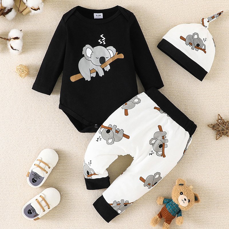 New Wholesale 3pcs Baby Clothes Set Cotton Infant Bodysuit Long Sleeve Pants Printed Koala Cartoon Design for Spring Autumn