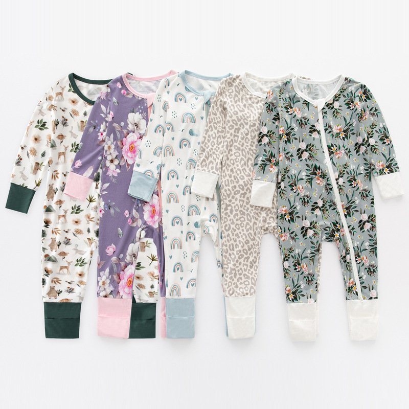 Custom Logo Newborn Baby Pajamas 0-18 months Bamboo Baby Clothes Long Sleeve Bodysuit Jumpsuit Zipper Baby Romper