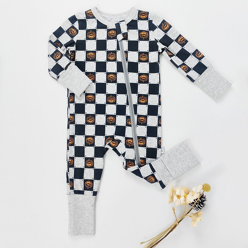 Factory customized baby plaid printed bamboo fiber zipper baby romper for Boys and girls