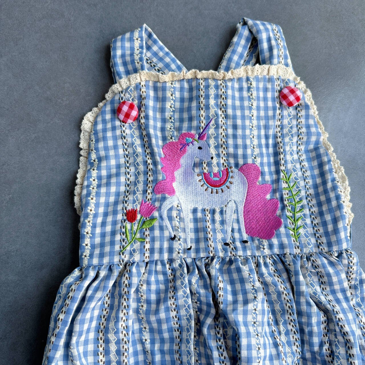 Yihui RTS color bule cotton Children's short cute custom patterned onesie jumpsuit sleeveless embroidery bubbles baby romper