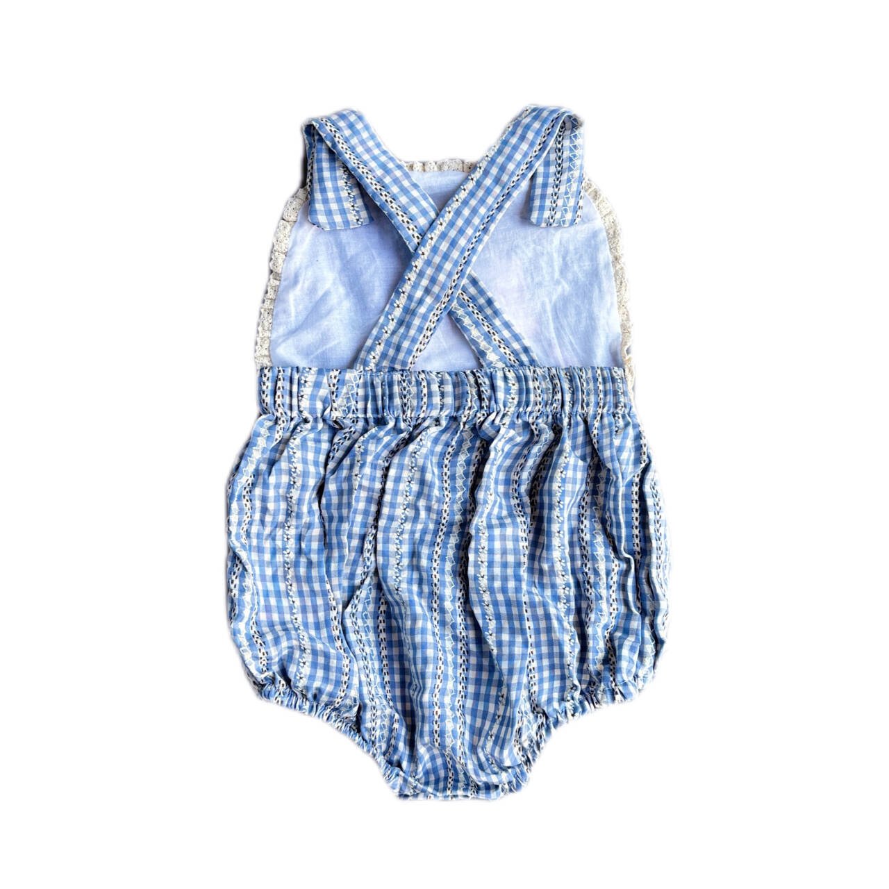Yihui RTS color bule cotton Children's short cute custom patterned onesie jumpsuit sleeveless embroidery bubbles baby romper