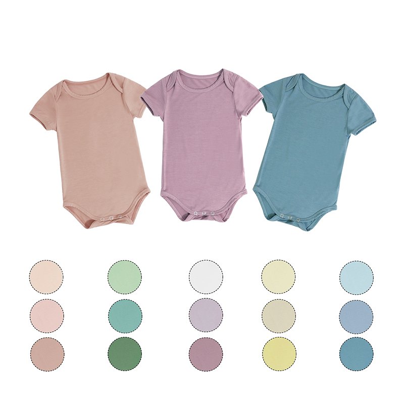 Custom Logo Summer Embroidery Short Sleeve Solid Color Ultra Soft Envelope Flaps Neutral Bamboo Baby Romper