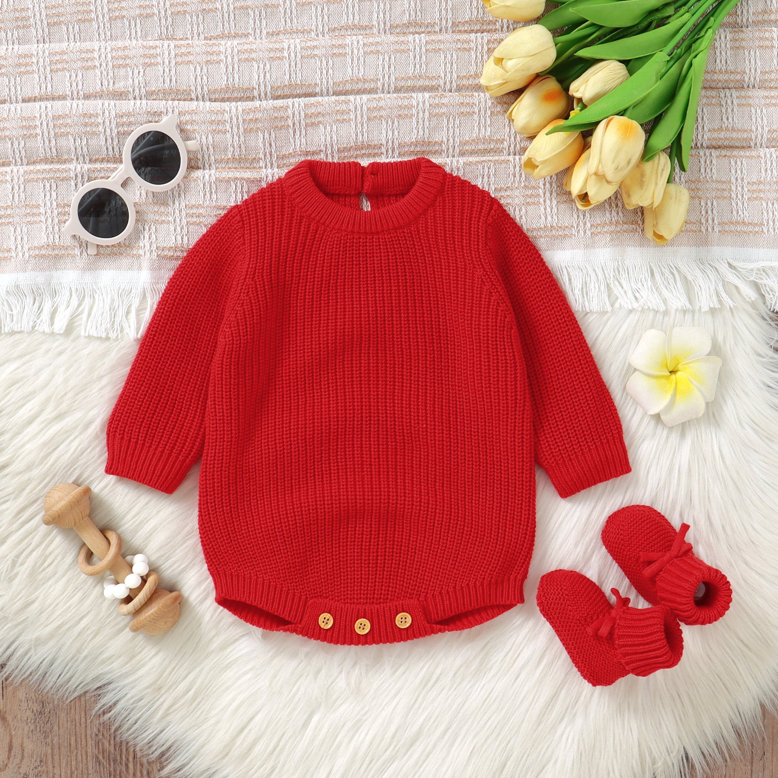 Newborn Cotton Baby Winter Knit Baby romper suit with booties baby knitted set