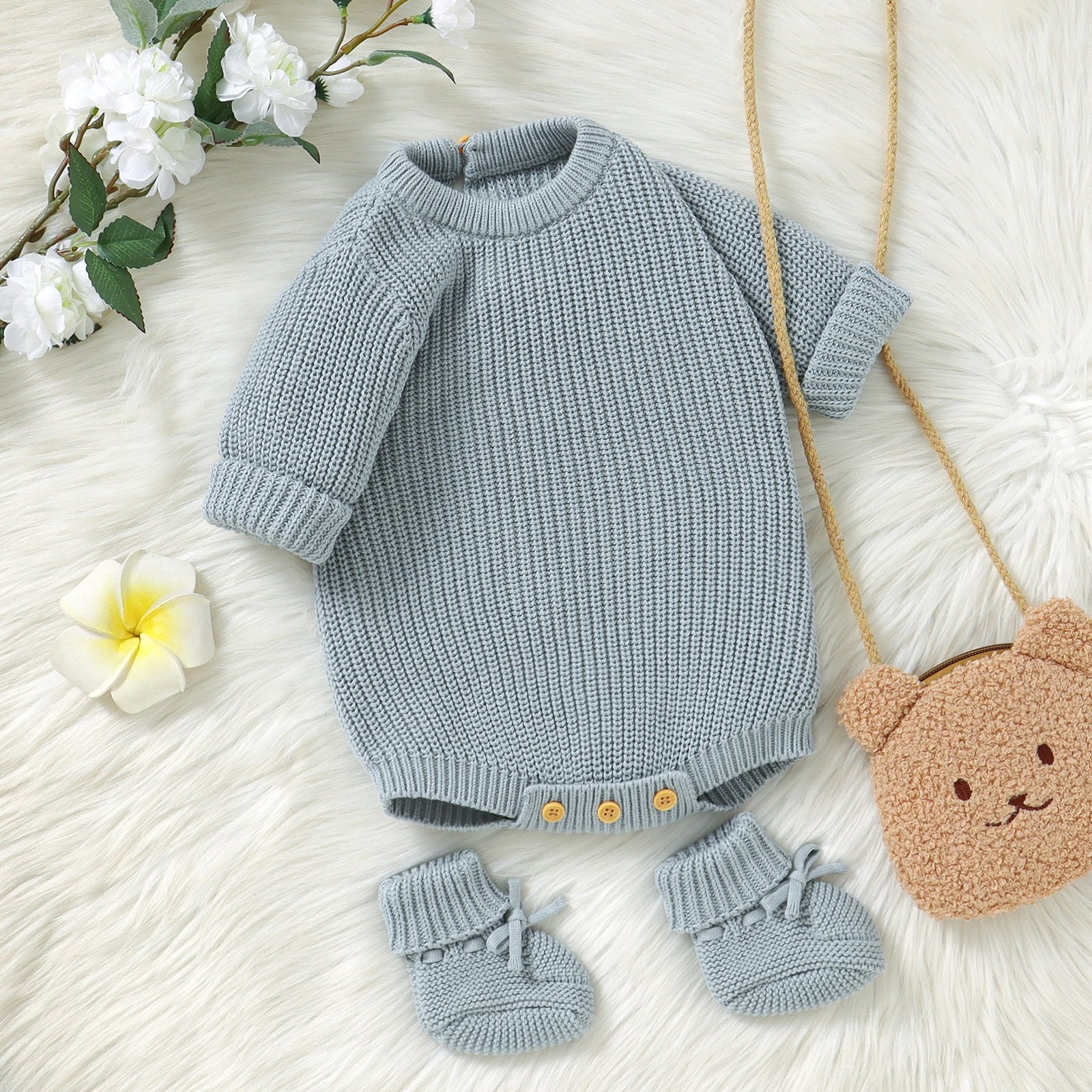 Newborn Cotton Baby Winter Knit Baby romper suit with booties baby knitted set