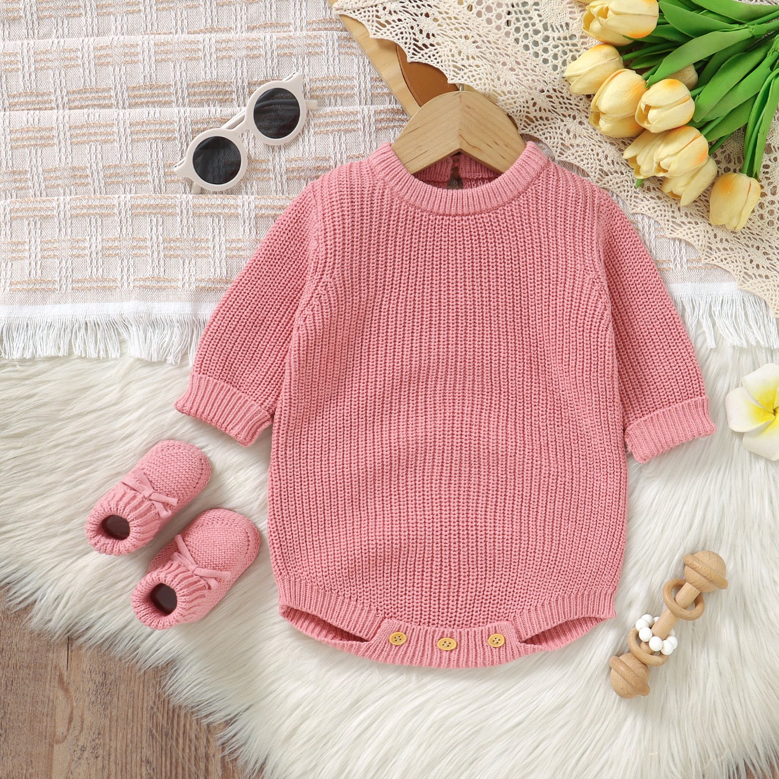 Newborn Cotton Baby Winter Knit Baby romper suit with booties baby knitted set
