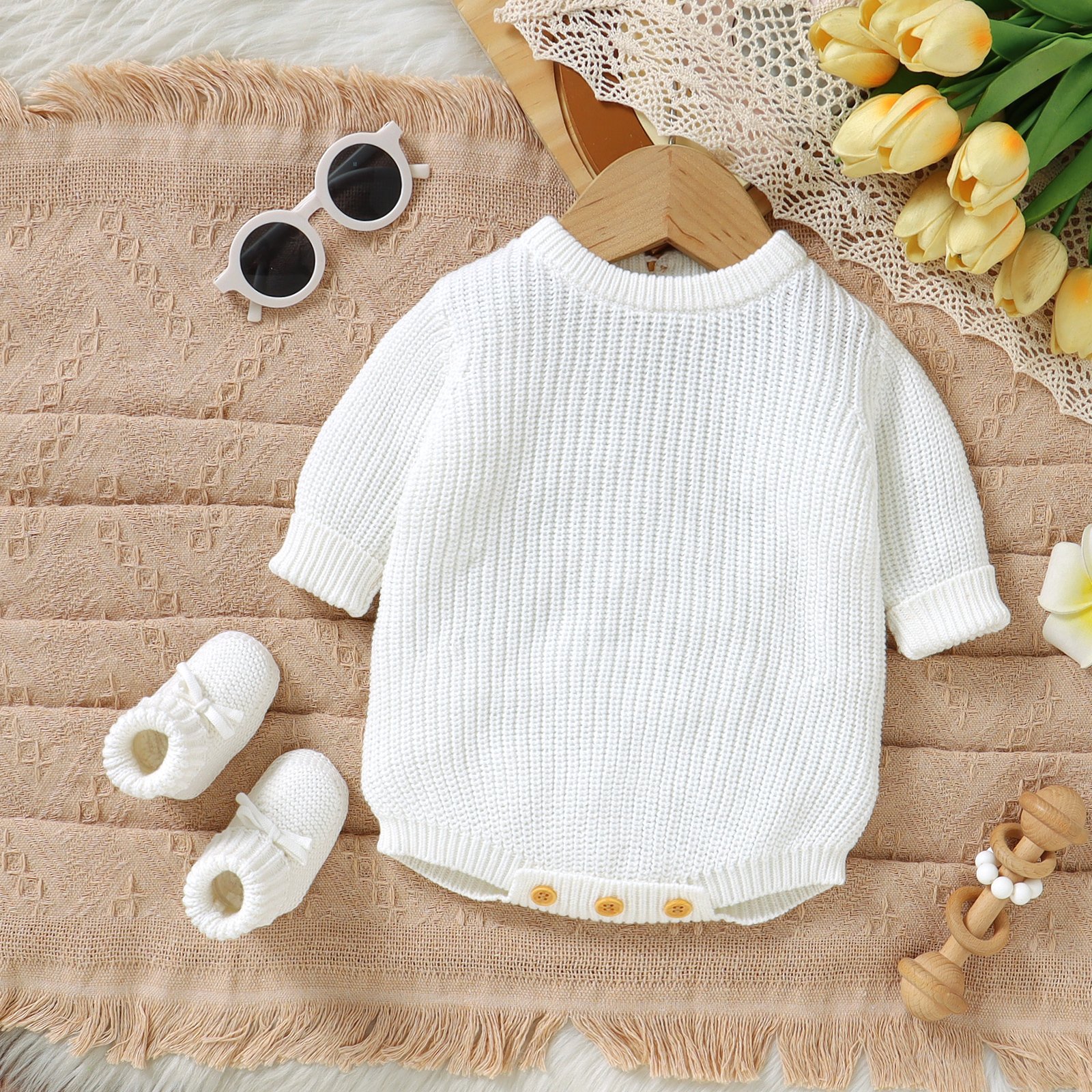 Newborn Cotton Baby Winter Knit Baby romper suit with booties baby knitted set