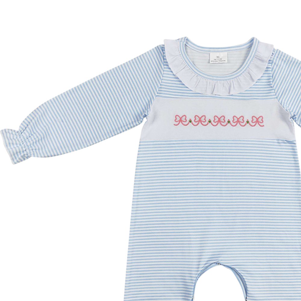 2024 ready to ship new arrival infant baby girl blue stripes bow design romper wholesale kids fall winter romper baby clothes