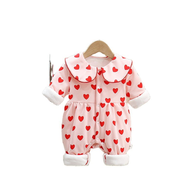 Wholesale 2024 Winter Baby Clothing Cute Love Print Lapel Long Sleeve Cotton Baby Rompers