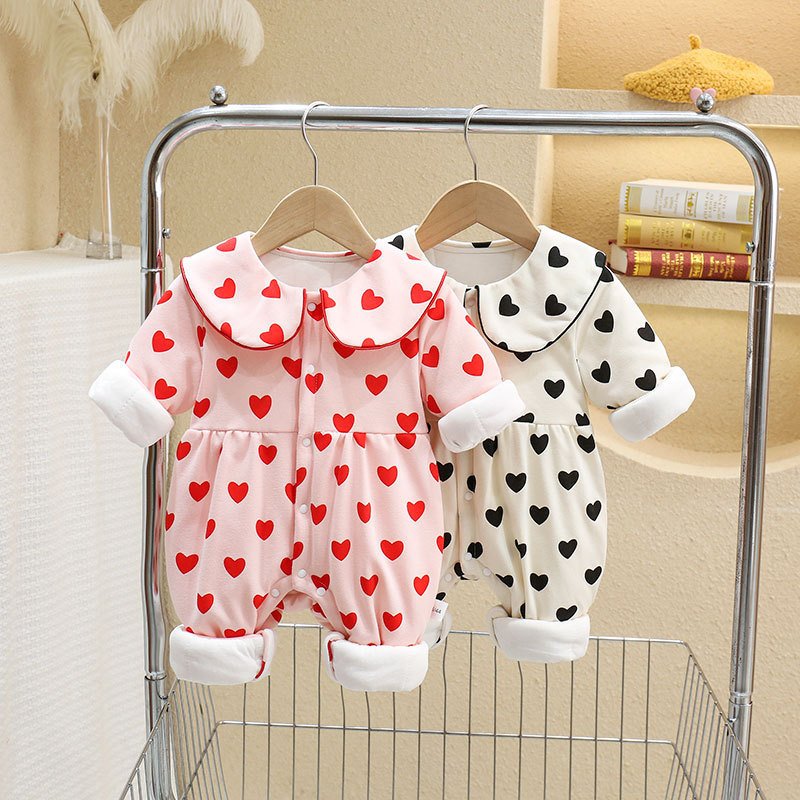 Wholesale 2024 Winter Baby Clothing Cute Love Print Lapel Long Sleeve Cotton Baby Rompers