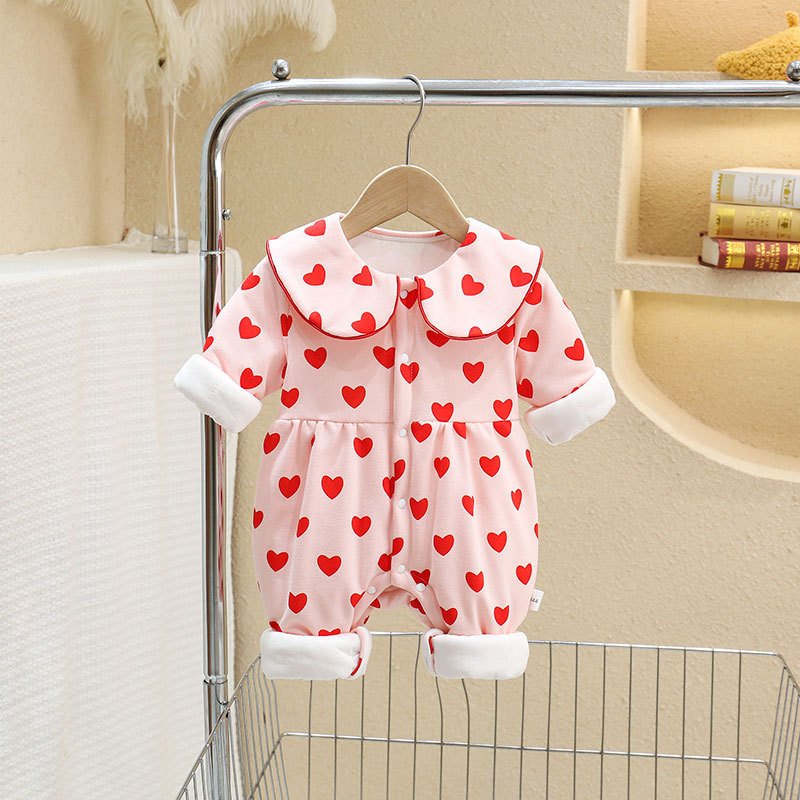 Wholesale 2024 Winter Baby Clothing Cute Love Print Lapel Long Sleeve Cotton Baby Rompers