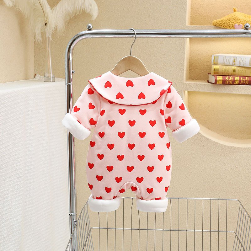 Wholesale 2024 Winter Baby Clothing Cute Love Print Lapel Long Sleeve Cotton Baby Rompers