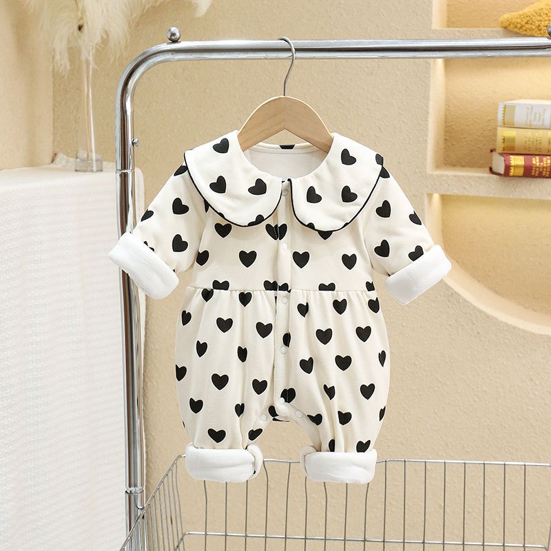 Wholesale 2024 Winter Baby Clothing Cute Love Print Lapel Long Sleeve Cotton Baby Rompers