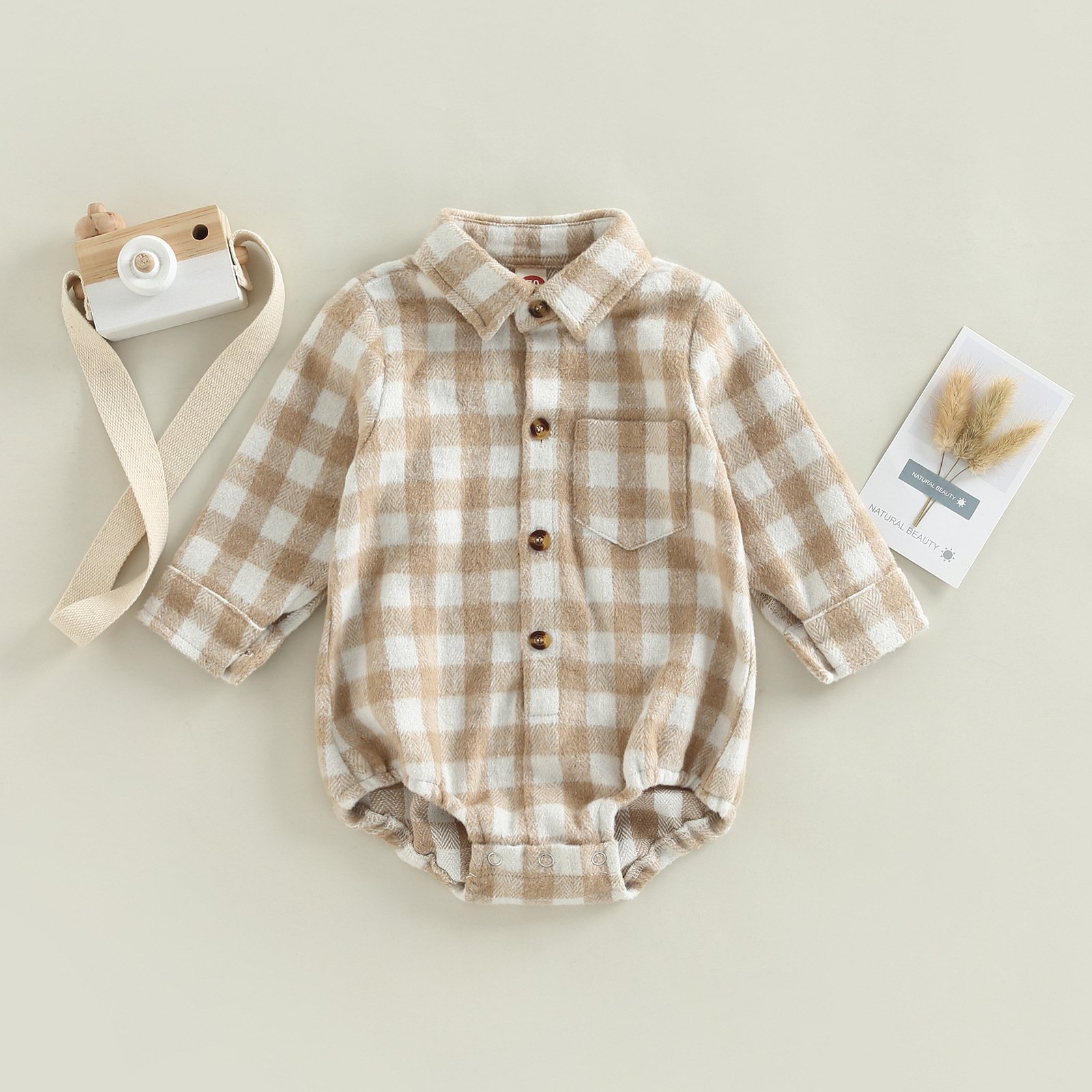 Wholesale Newborn Baby Romper Full Sleeve Gingham Oversized Flannel Shirt Plaid Baby Bodysuit