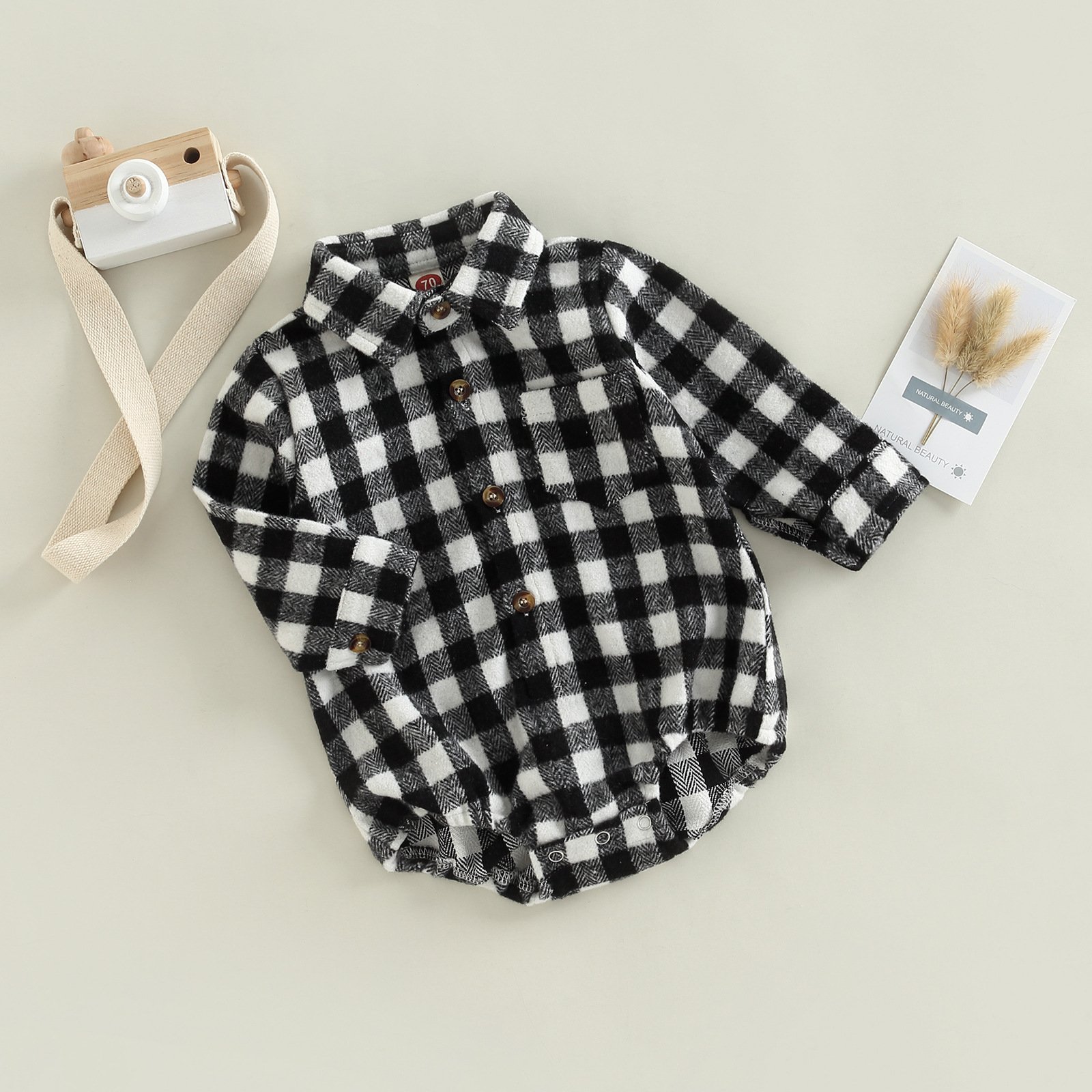 Wholesale Newborn Baby Romper Full Sleeve Gingham Oversized Flannel Shirt Plaid Baby Bodysuit