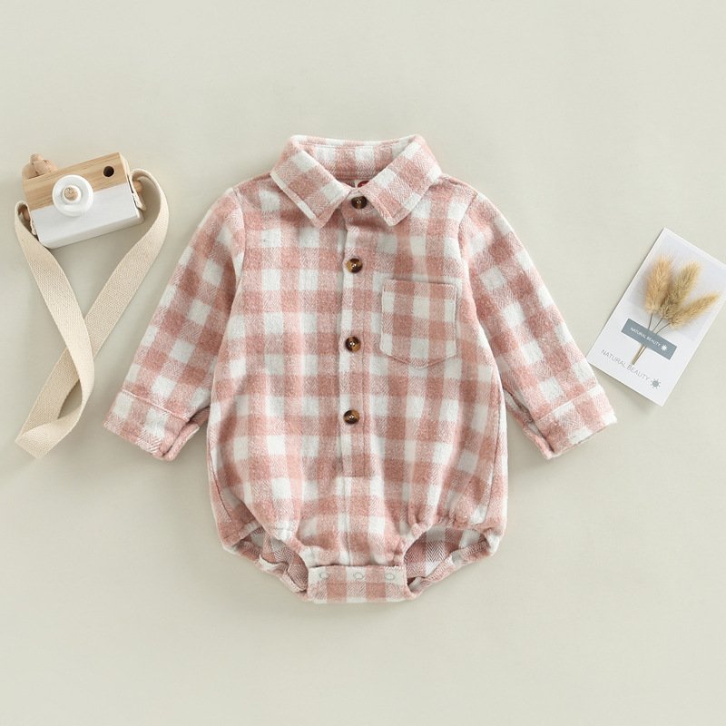 Wholesale Newborn Baby Romper Full Sleeve Gingham Oversized Flannel Shirt Plaid Baby Bodysuit