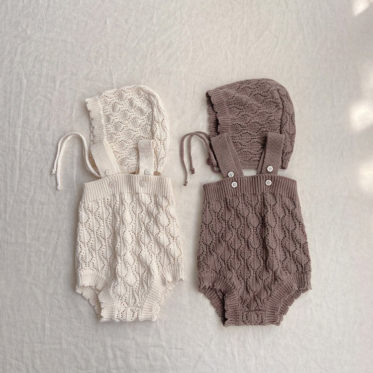 Baby Spring Summer Knitted Sweater Overalls Jumpsuit Sweater Romper With Hat For Unisex Girls Infants