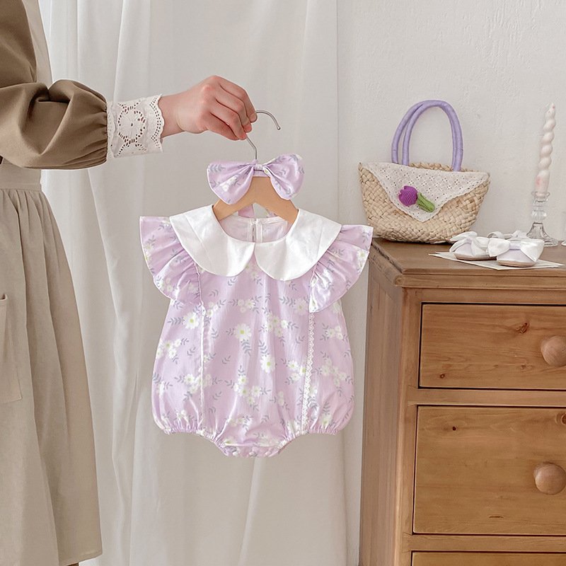 Wholesale Ins Style Little Girls Sisters Wear Rompers and Dresses Cute Doll Collar Purple Baby Rompers and Toddler Dress