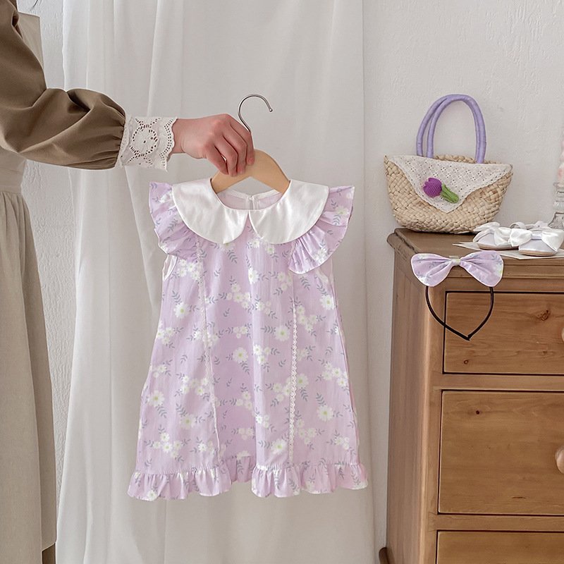 Wholesale Ins Style Little Girls Sisters Wear Rompers and Dresses Cute Doll Collar Purple Baby Rompers and Toddler Dress