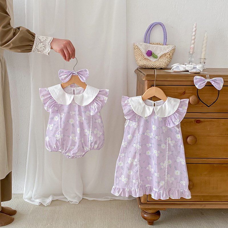 Wholesale Ins Style Little Girls Sisters Wear Rompers and Dresses Cute Doll Collar Purple Baby Rompers and Toddler Dress