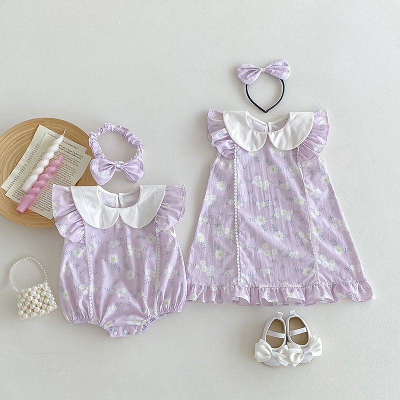 Wholesale Ins Style Little Girls Sisters Wear Rompers and Dresses Cute Doll Collar Purple Baby Rompers and Toddler Dress