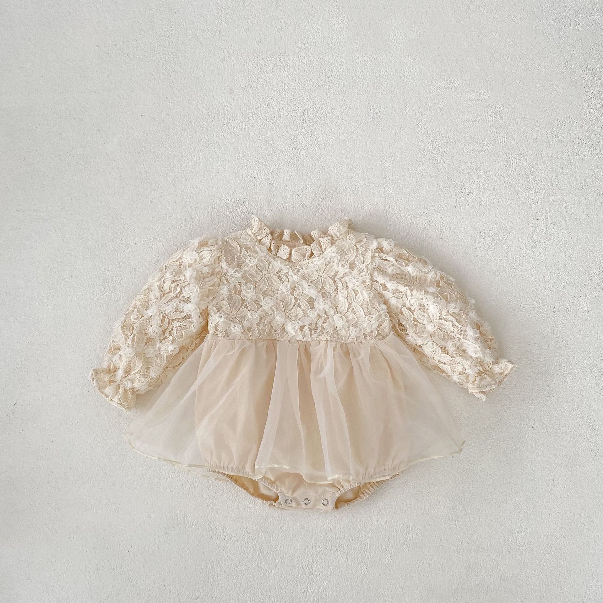 2024 Autumn Infant Girl Sweet Princess Baby Romper Three-Dimensional Flower Mesh Fungus Collar Long Sleeve Skirt Bodysuit