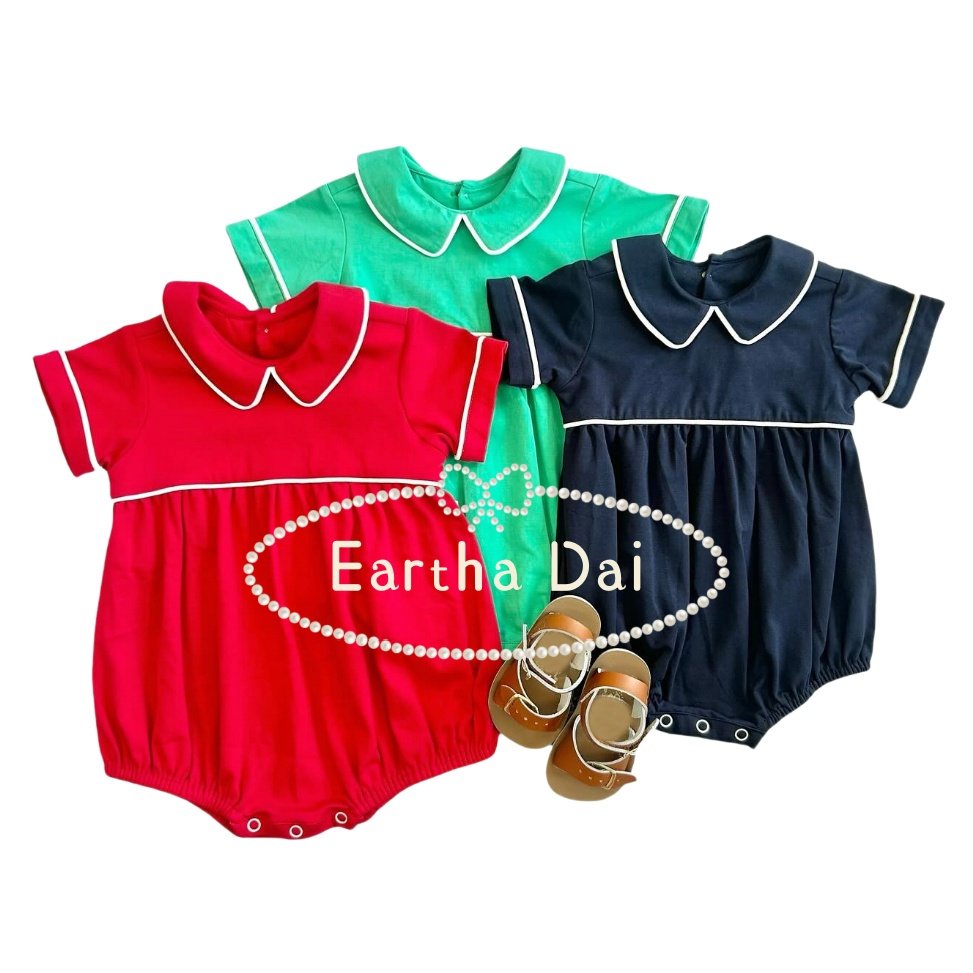 monogram cotton christmas romper baby Red Collared Boy Bubble peter pan collar romper sets kids outfits