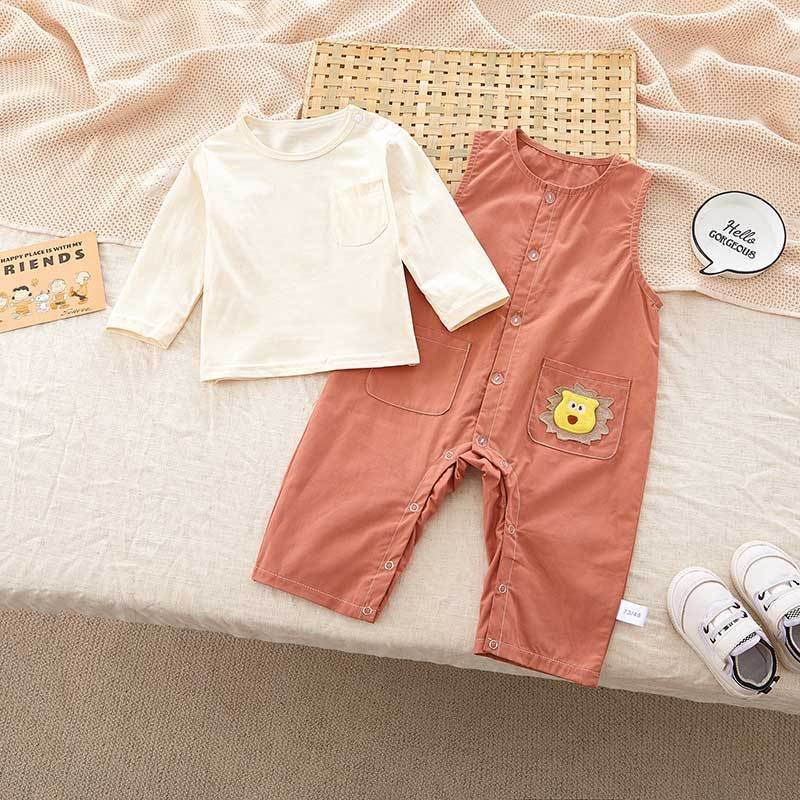 Solid Color Long Sleeved Round Neck T-Shirt Shoulder Pants Jumpsuit Two-Piece Set For New Born Baby Clothes Sets 0-3 Months