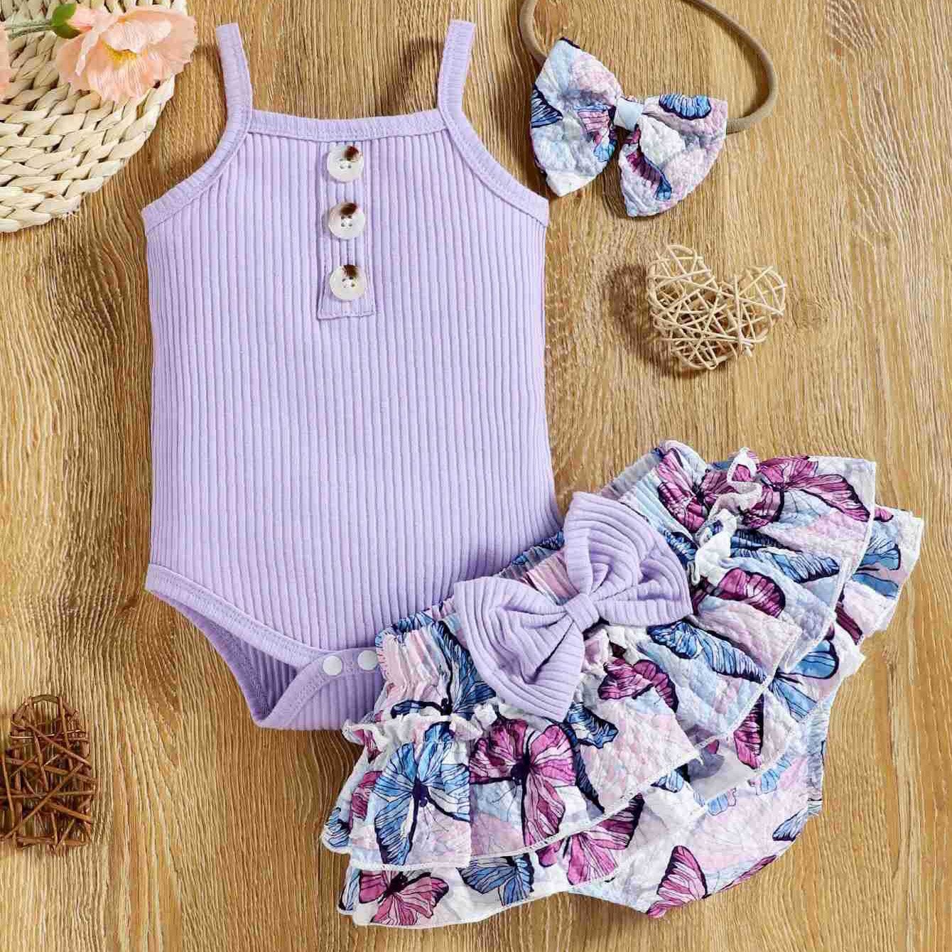 2023 Spring Summer Purple Baby Rompers Baby Girl Sling Top Print Skirt Wrap Hip Shorts Toddler Clothes Outfits