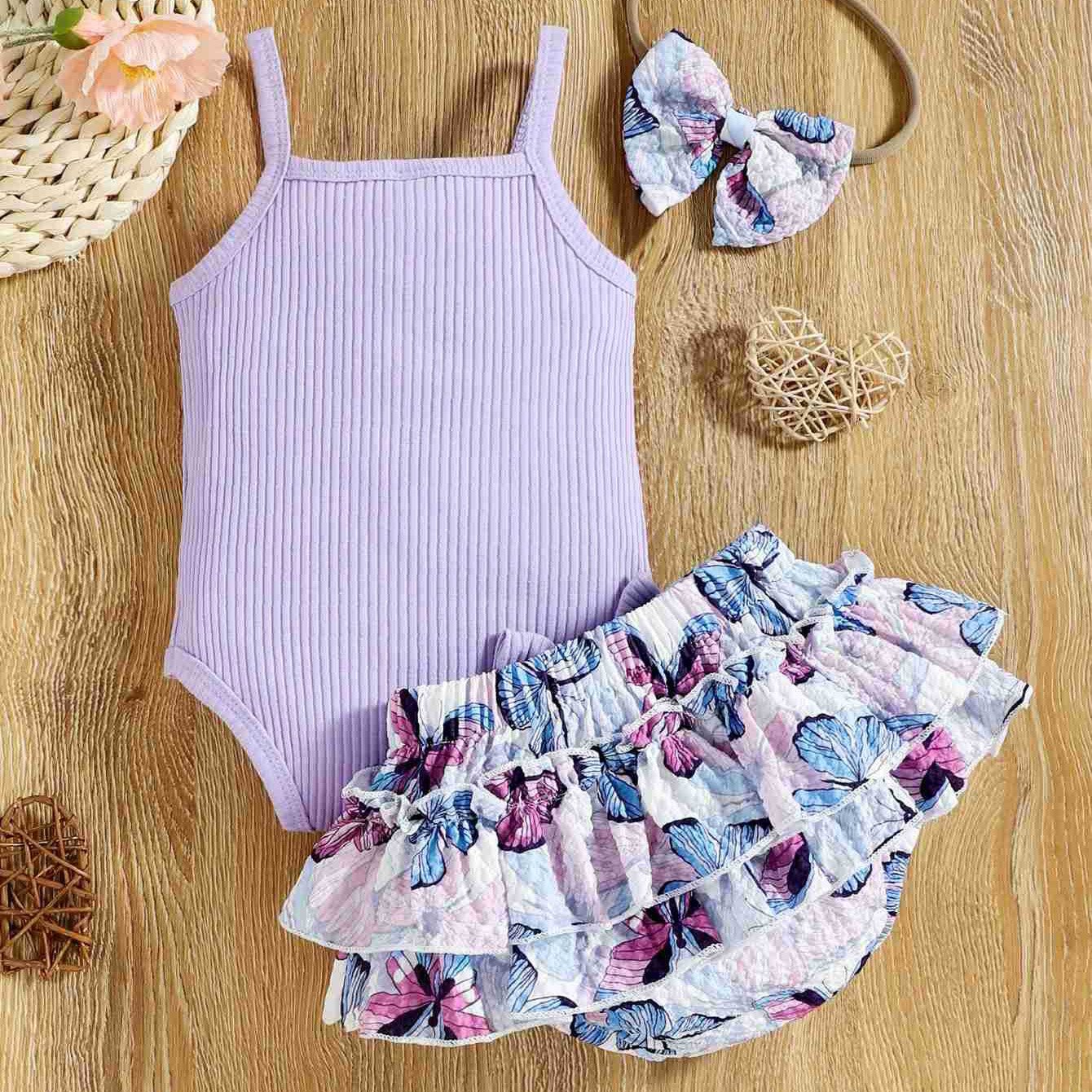 2023 Spring Summer Purple Baby Rompers Baby Girl Sling Top Print Skirt Wrap Hip Shorts Toddler Clothes Outfits