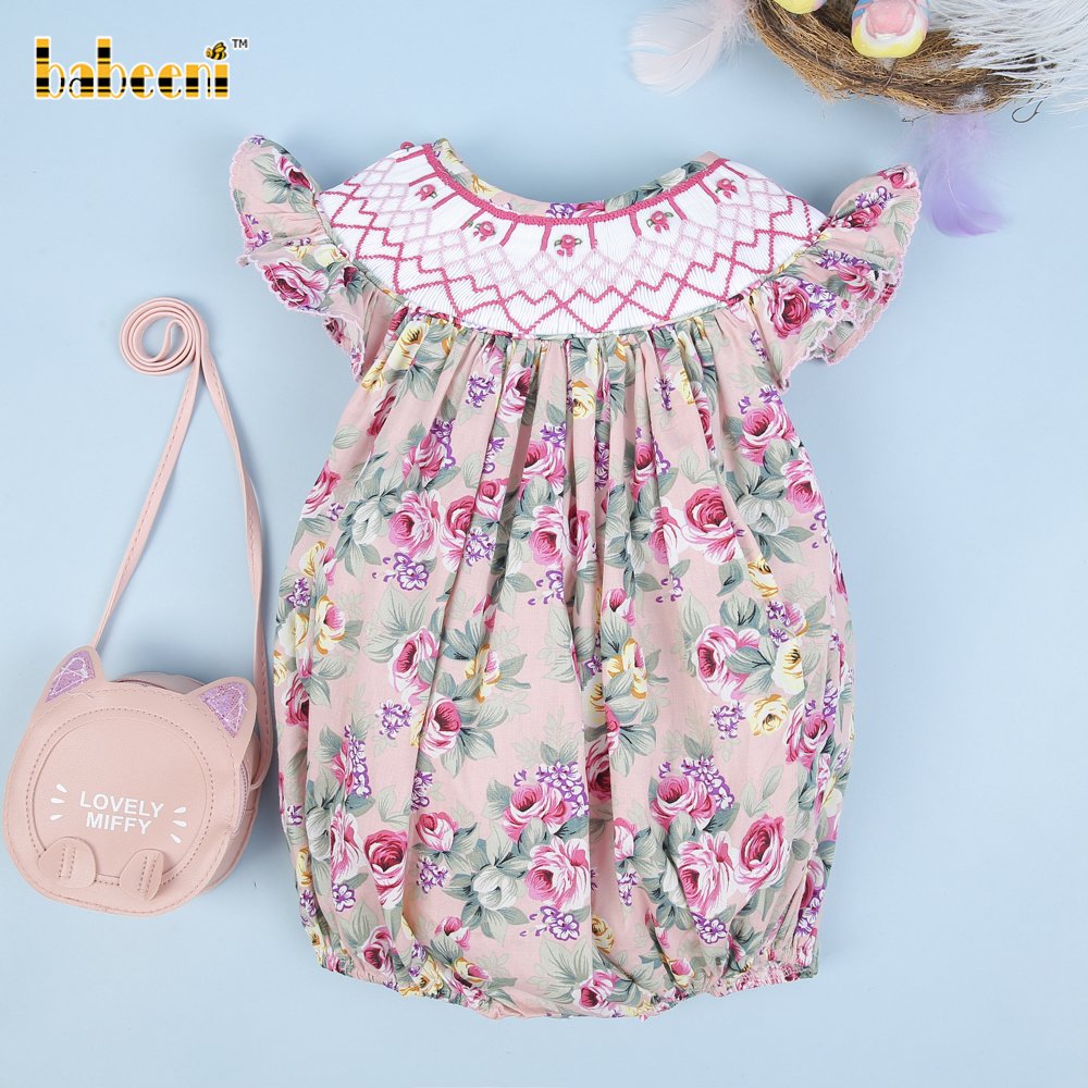 Smocked Romper Short Baby Girls Clothes Sets Clothing Floral Girl Bubble with Geometric Spring Smock OEM ODM - BB1671
