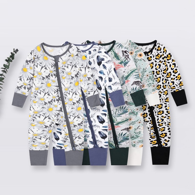 OEM High Quality custom design printed Bamboo Spandex baby romper zipper newborn long sleeve Clothes ropa de bebe suppliers