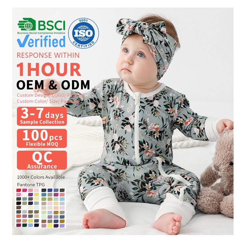 OEM High Quality custom design printed Bamboo Spandex baby romper zipper newborn long sleeve Clothes ropa de bebe suppliers