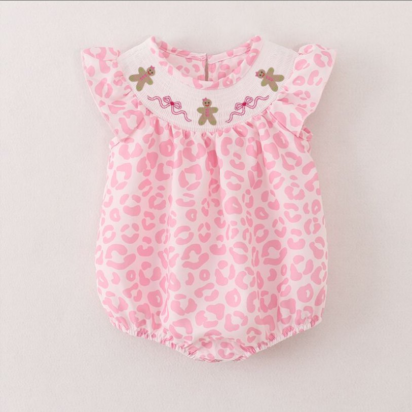 Infant Baby Girls Christmas Pink Leopard Smocked Embroidery Bubbles Romper Customized Kids Clothes Kids Smocked Clothing