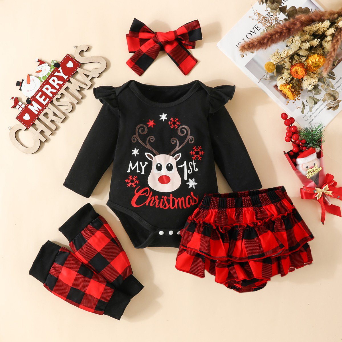 Infant Christmas Baby Clothes Long Sleeve Romper Cute Elk My 1st First Christmas Baby Girls Outfit