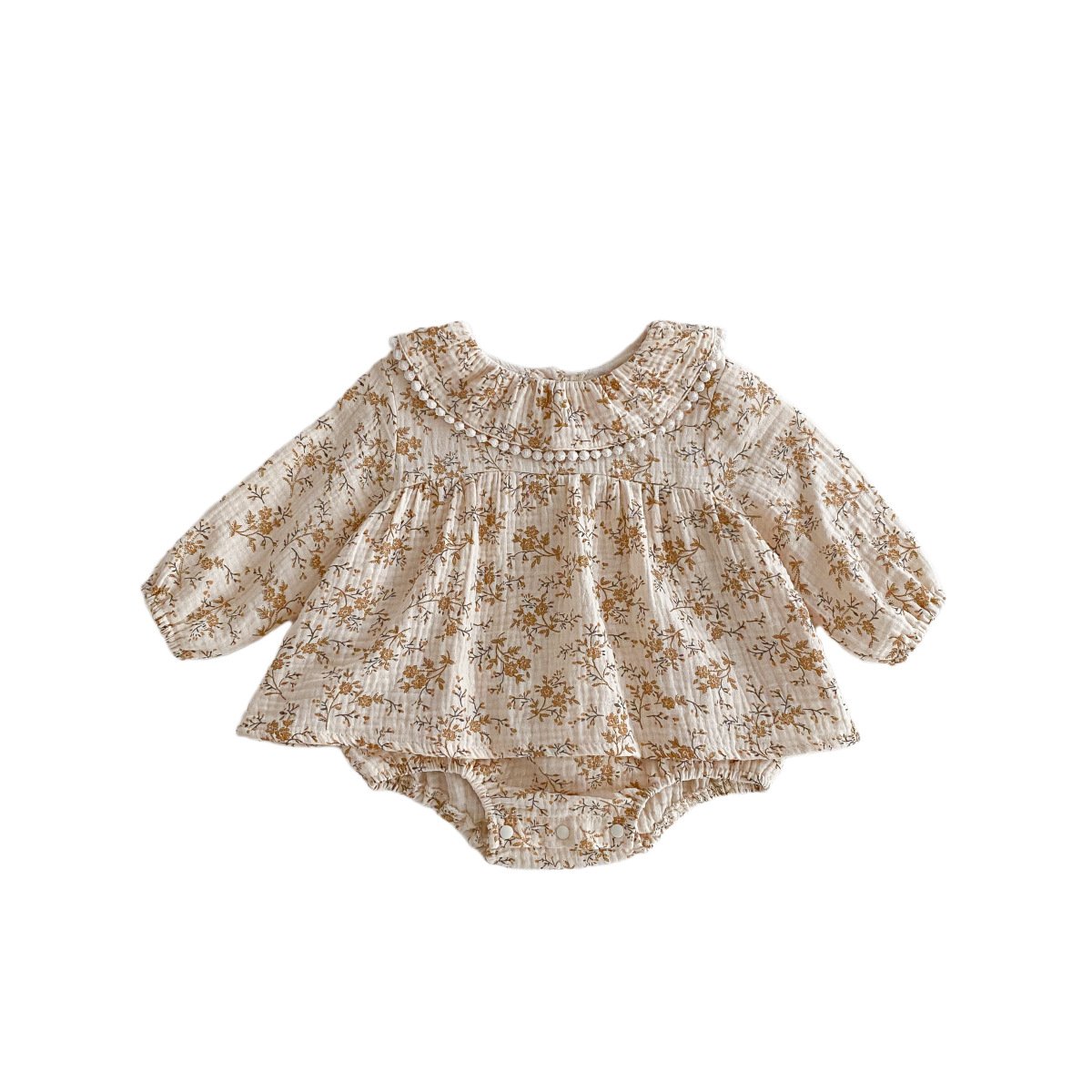 Baby jumpsuit 2024 autumn clothing floral wrap fart dress baby girl fashionable lotus leaf collar princess baby romper