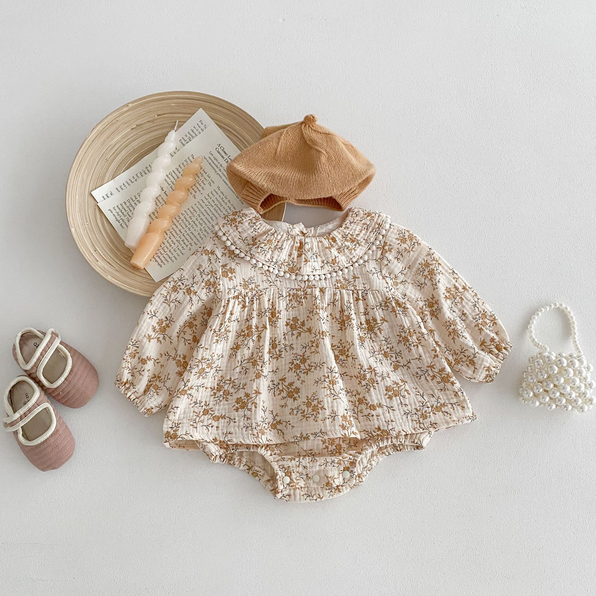 Baby jumpsuit 2024 autumn clothing floral wrap fart dress baby girl fashionable lotus leaf collar princess baby romper