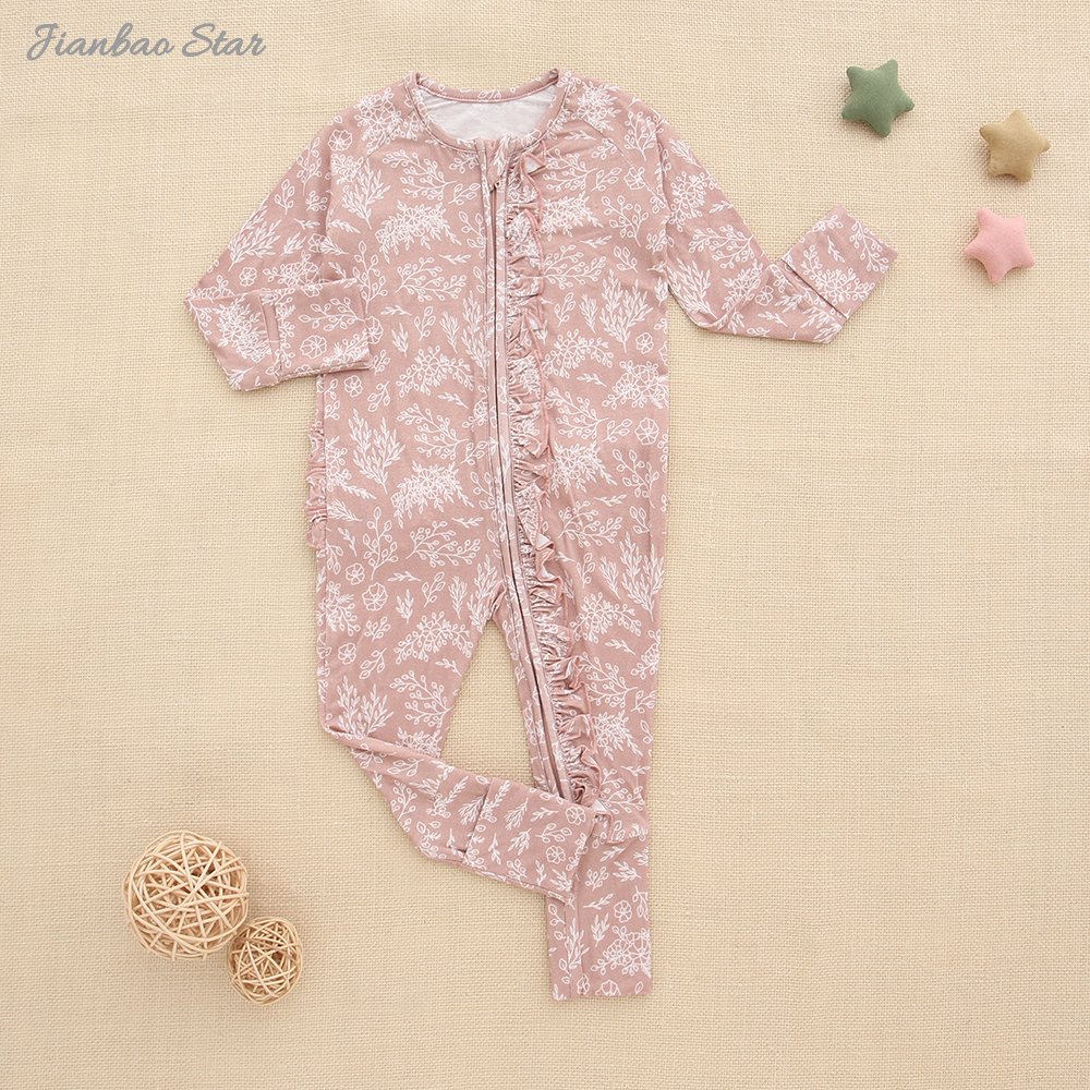 New soft Baby clothing Baby Boys Girls Jumpsuit Bamboo Viscose Spandex Custom Printed Sleepsuit Baby Ruffle Zipper Romper